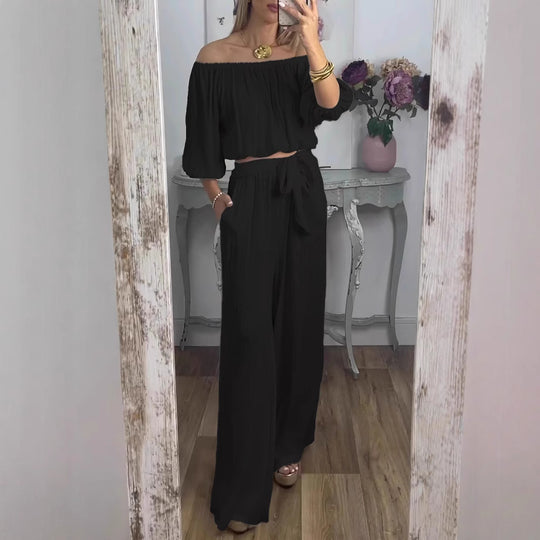 Damen Weites Hosenensemble mit raffiniertem Crop-Oberteil Heidi-Mode