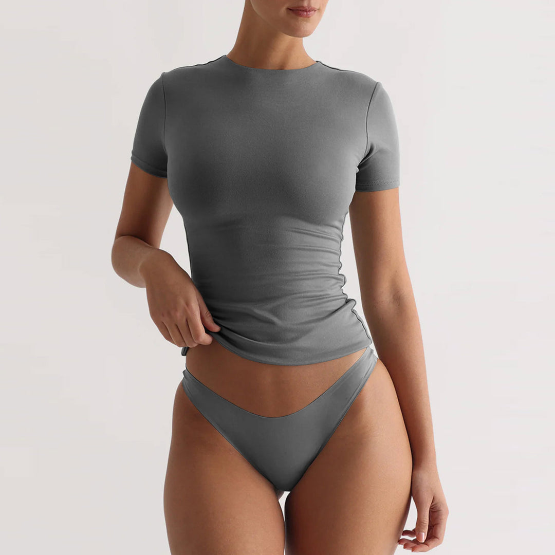 Damen figurbetontes T-Shirt mit Rundhalsausschnitt und kurzem Arm Heidi-Mode