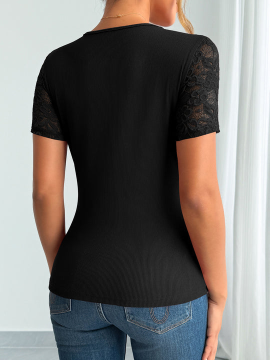 Heidi Mode | Ausschnitt Manschetten Spleißen Spitze Spitze Kurze Ärmel