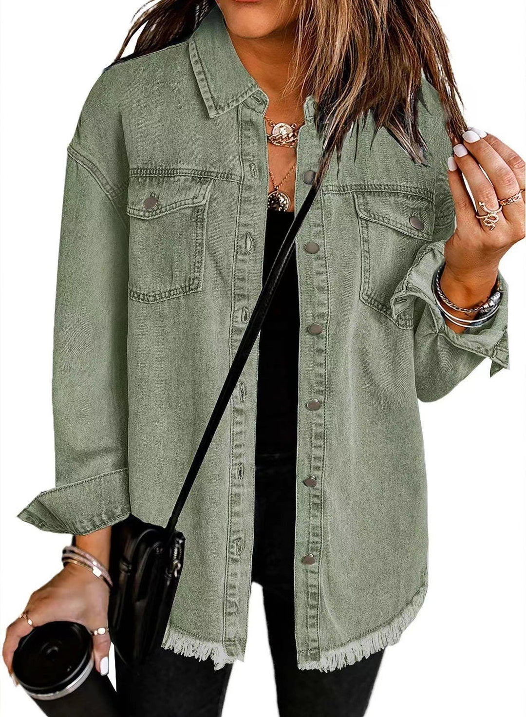 Damen Denim Overshirt mit fransigem Saum und Brusttaschen Heidi-Mode