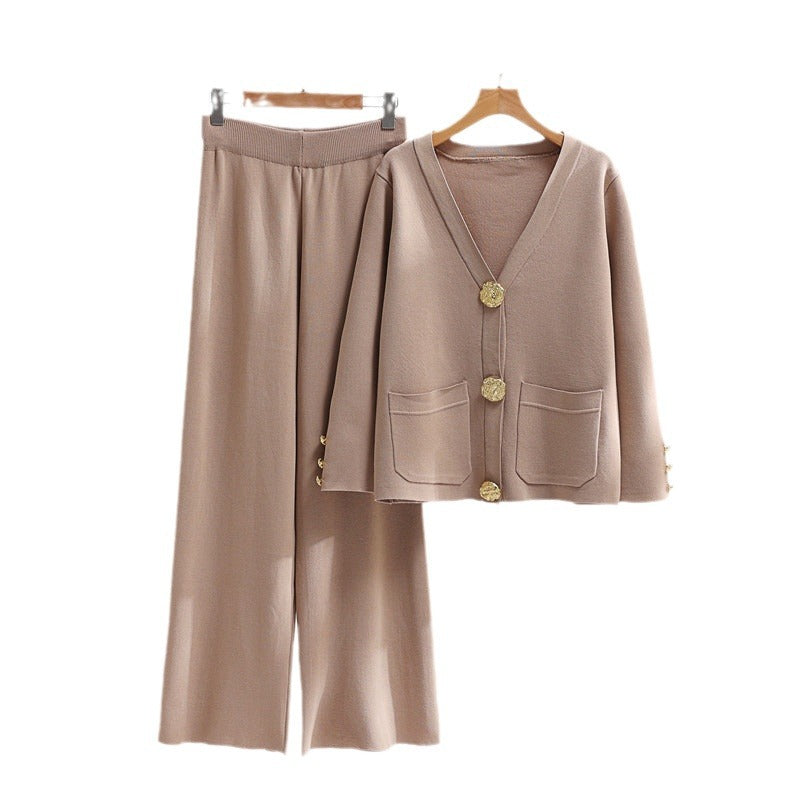Damen elegantes Strick-Loungewear-Set mit weiten Bein und schönen Knöpfen Heidi-Mode