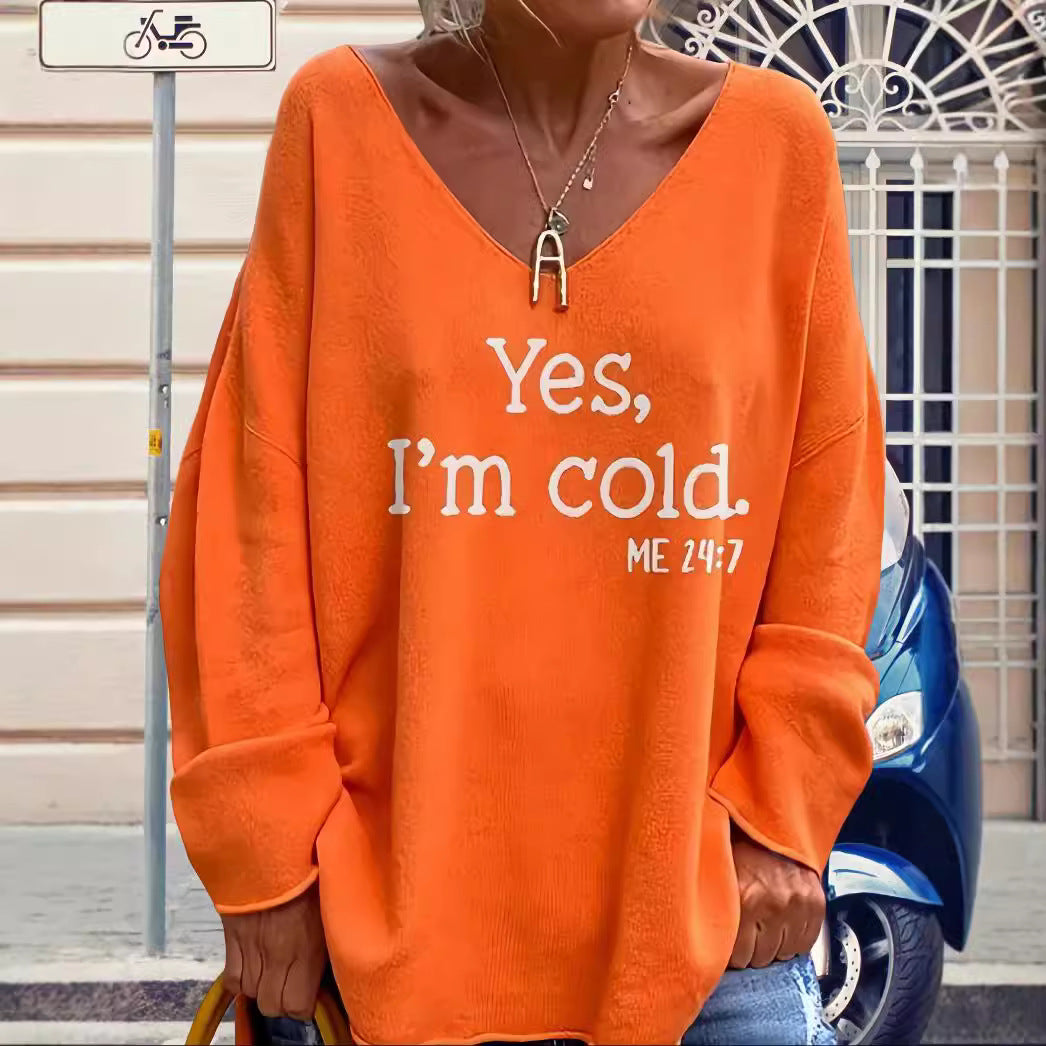 Damen Oversized Pullover mit modernem V-Ausschnitt und aufgedrucktem Statement Heidi-Mode