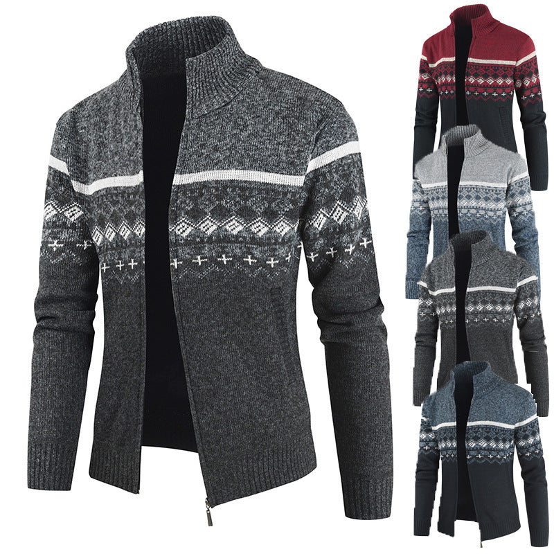 Herren Strickjacke mit Wintermuster und hohem Stehkragen Heidi-Mode