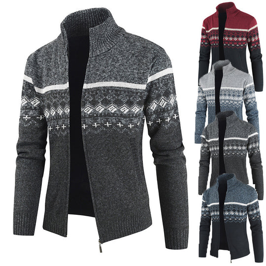 Herren Strickjacke mit Wintermuster und hohem Stehkragen Heidi-Mode