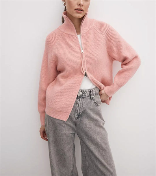 Damen Strickjacke mit hohem Kragen und Reißverschluss Heidi-Mode