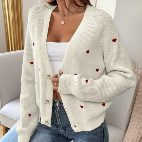 Damen lässige Strickjacke mit Herzapplikationen und tiefem V-Ausschnitt Heidi-Mode