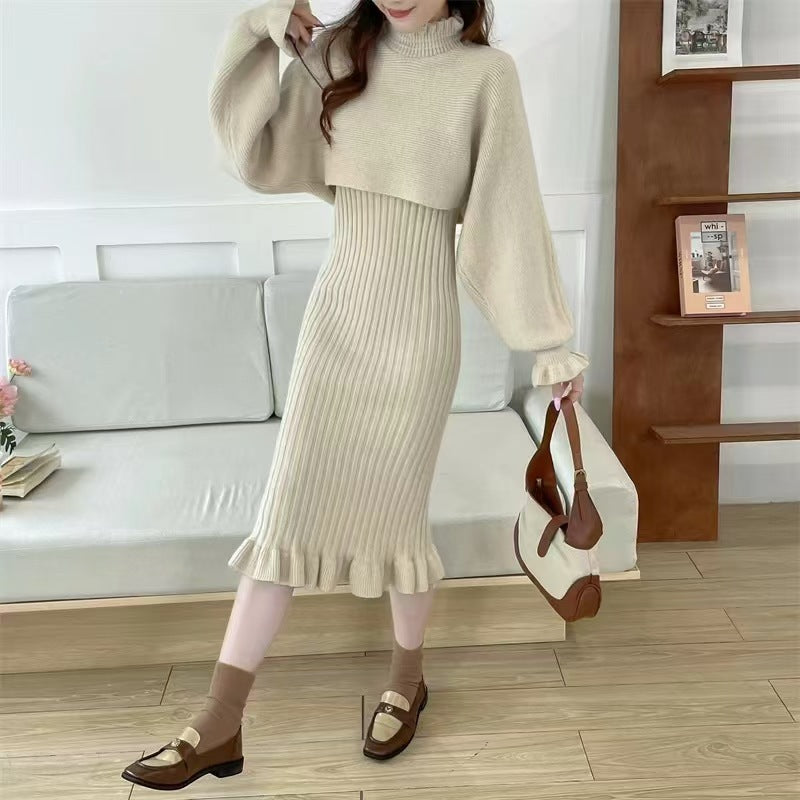 Damen Strickkleid mit hochgeschlossenem Kragen und Rippstruktur Heidi-Mode