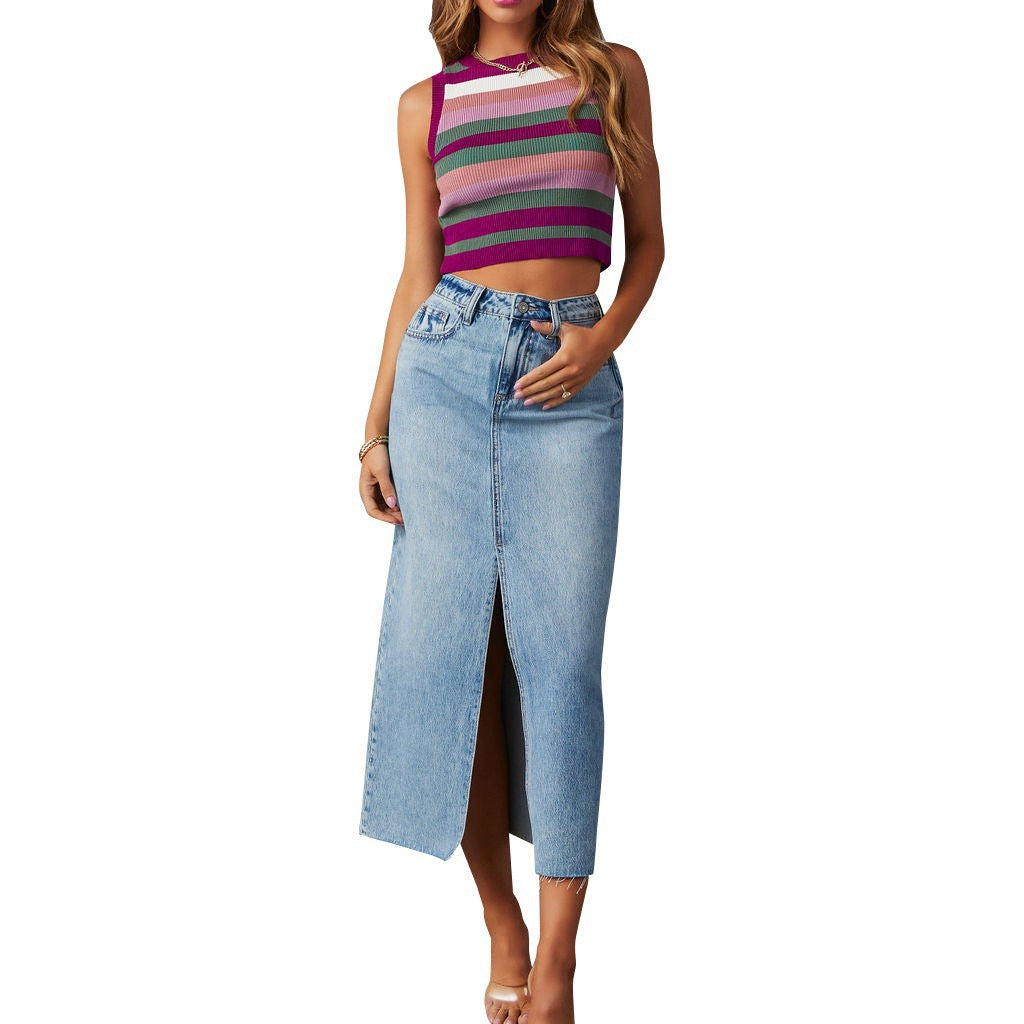 Damen Jeansrock mit modischem Schlitz und lässigem Schnitt Heidi-Mode