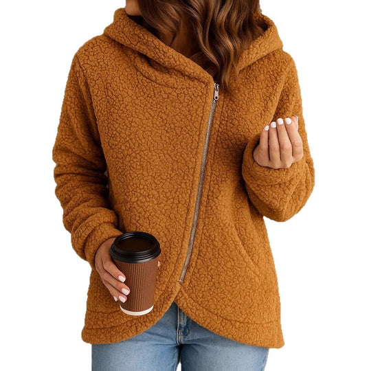 Damen Flauschige Kapuzenjacke mit asymmetrischem Reißverschluss Heidi-Mode