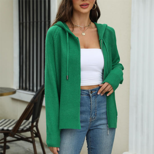 Damen legerer Strickcardigan mit Kapuze und Reißverschluss Heidi-Mode