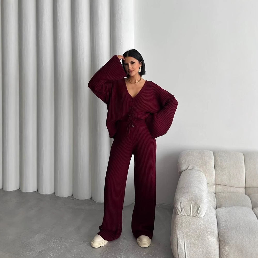 Damen Strick-Loungewear-Set mit weiten Ärmeln und Knopfleiste Heidi-Mode