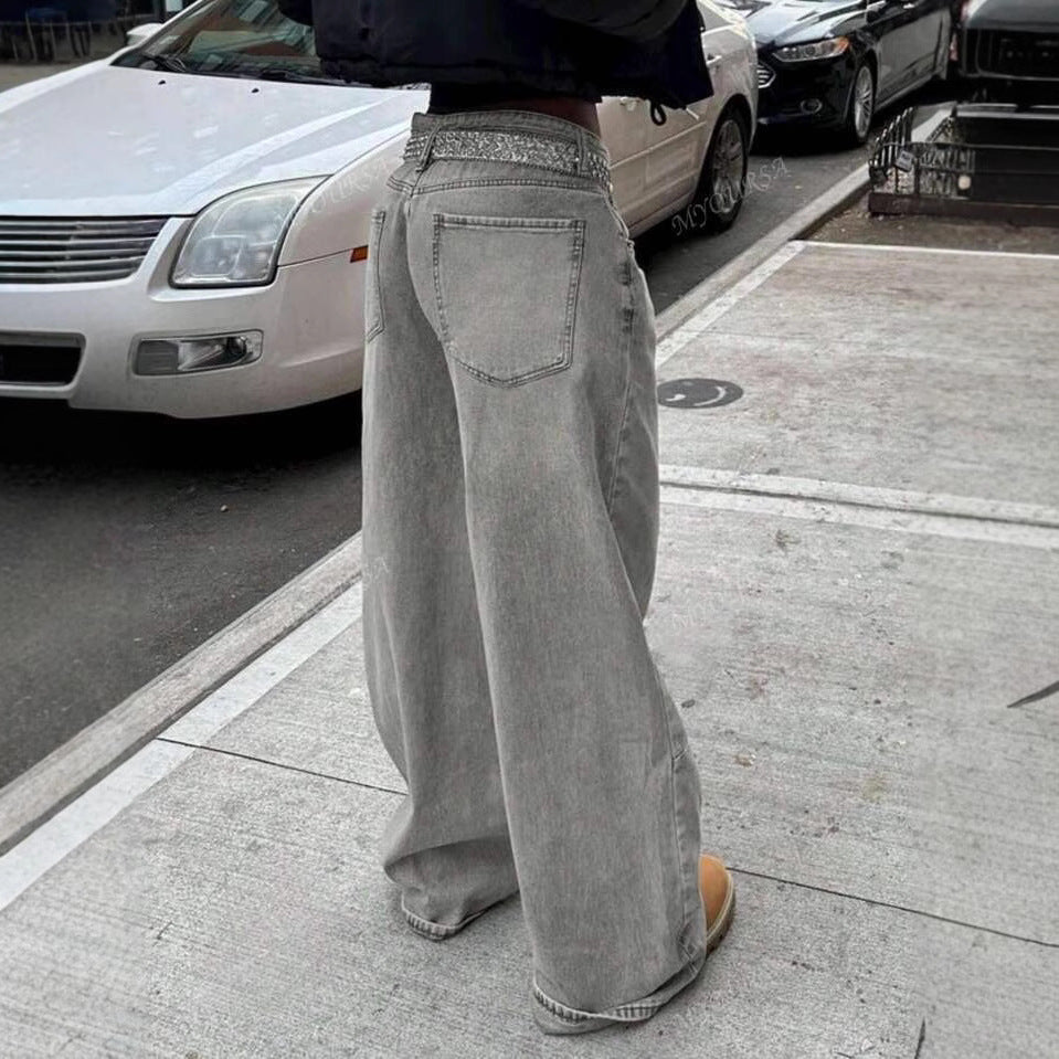 Damen Weit geschnittene Jeanshosen mit funkelndem Gürtel Heidi-Mode