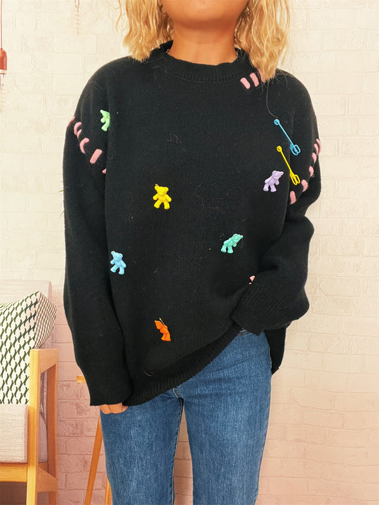 Damen Pullover mit verspieltem Bären-Motiv und dekorativen Applikationen Heidi-Mode