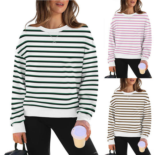 Damen lässiger Sweatshirt mit modernem Streifenmuster und Rundhalsausschnitt Heidi-Mode