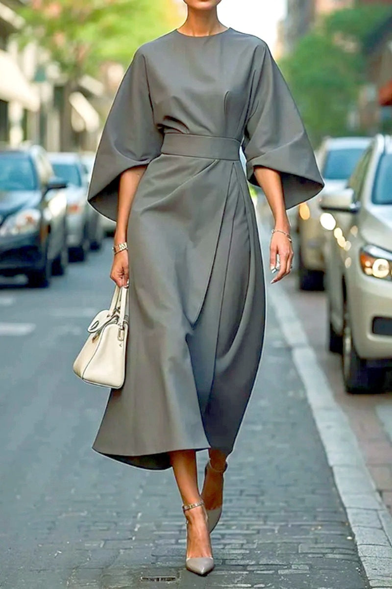 Damen Maxi-Kleid mit voluminösen Ärmeln und elegantem Gürtel Heidi-Mode