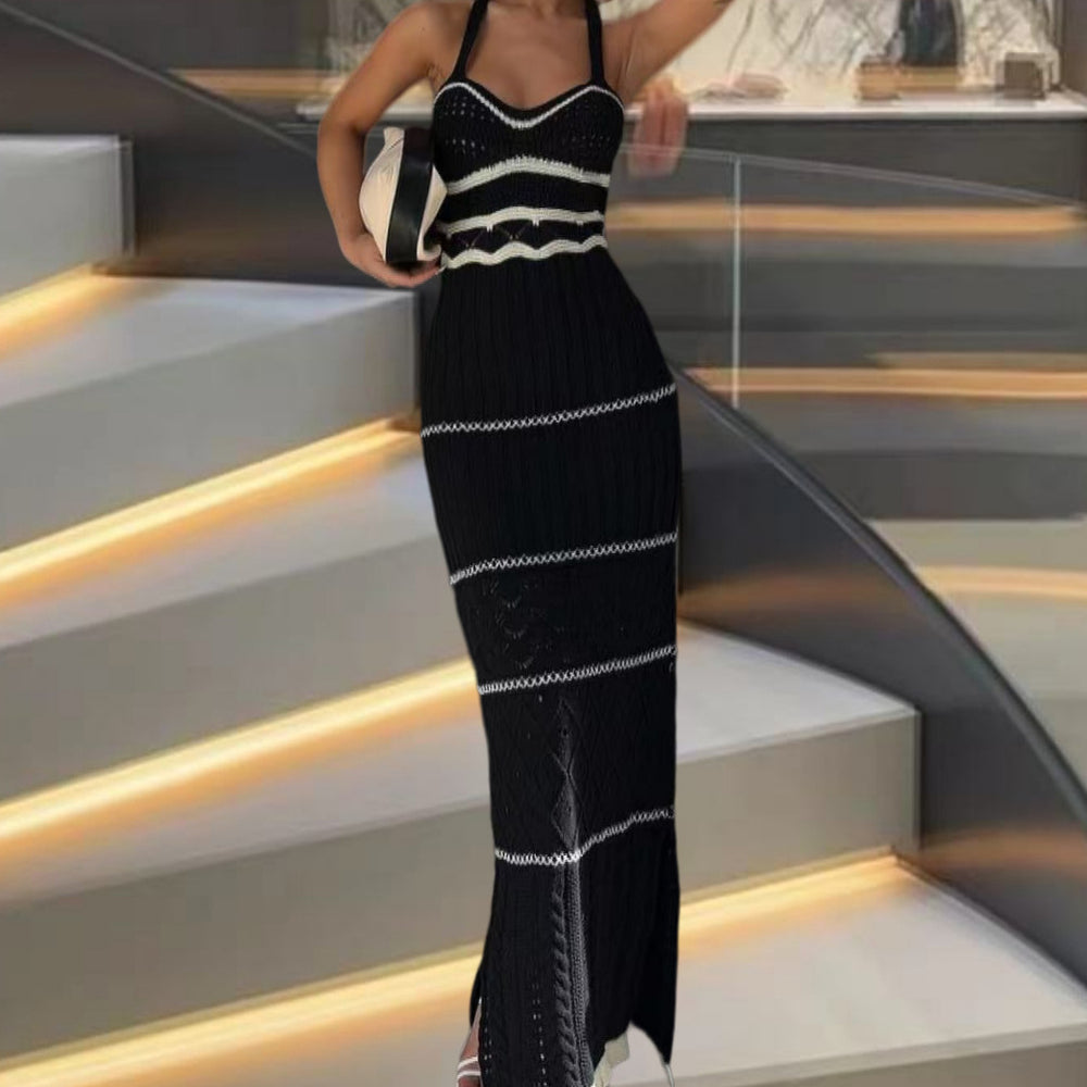 Damen Strick-Maxikleid mit raffinierten Häkelmustern und seitlichem Schlitz Heidi-Mode