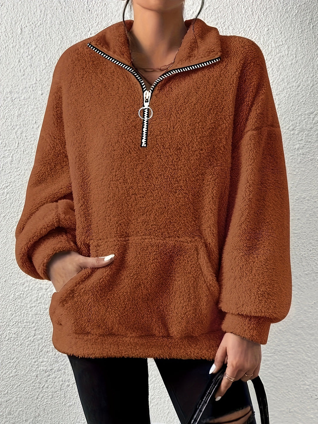 Damen kuscheliger Fleece-Pullover mit halbem Reißverschluss und Seitentaschen Heidi-Mode