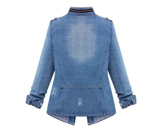 Damen Denim-Jacke mit praktischen aufgesetzten Taschen und Kordelzug Heidi-Mode