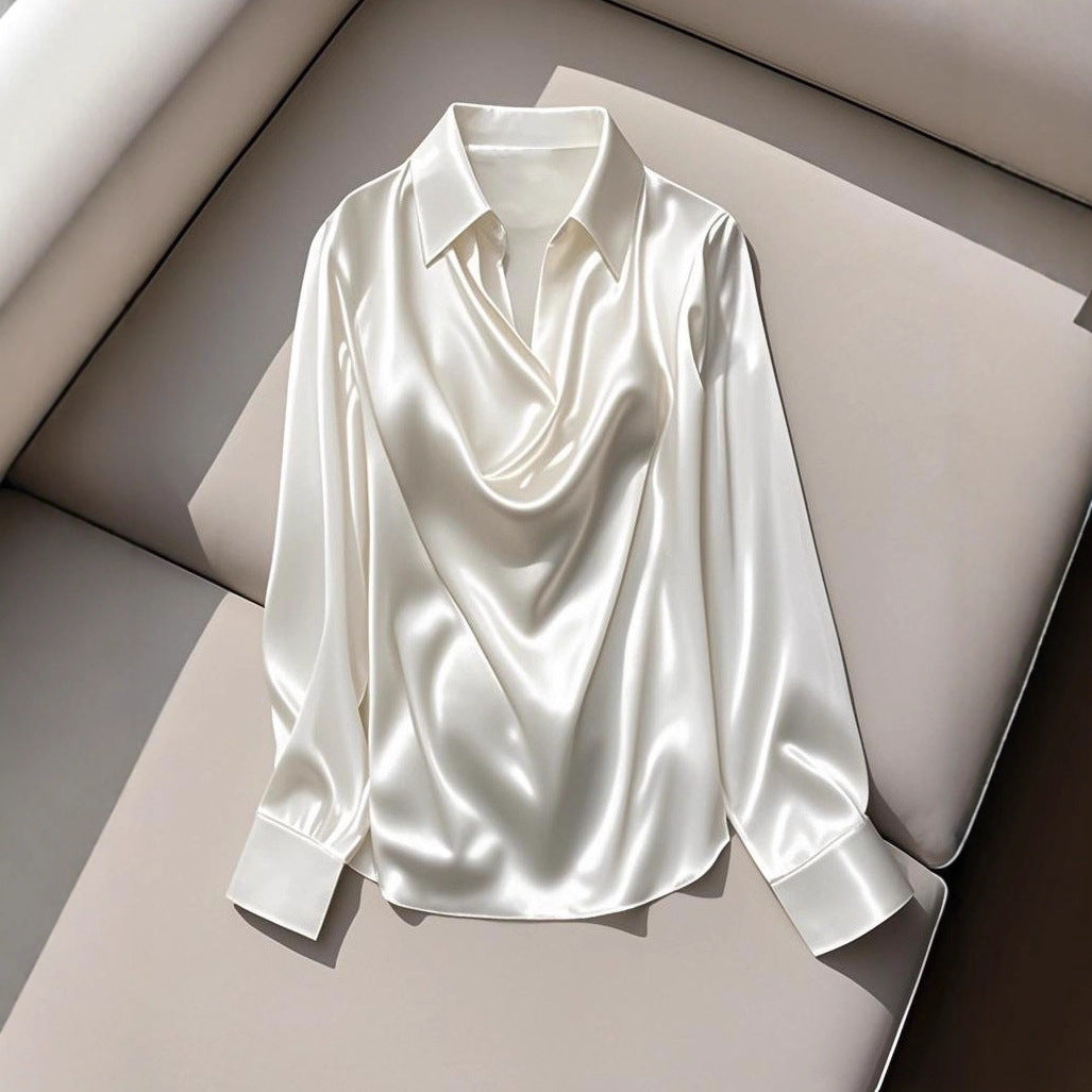Damen Seidene Bluse mit schickem Wasserfall-Ausschnitt und lange Ärmel Heidi-Mode