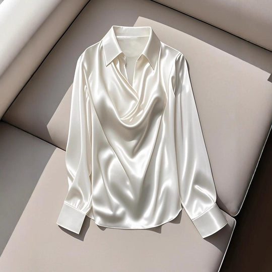 Damen Seidene Bluse mit schickem Wasserfall-Ausschnitt und lange Ärmel Heidi-Mode