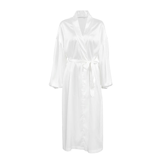 Damen Satin-Morgenmantel mit eleganten Puffärmeln und taillierbarem Gürtel Heidi-Mode