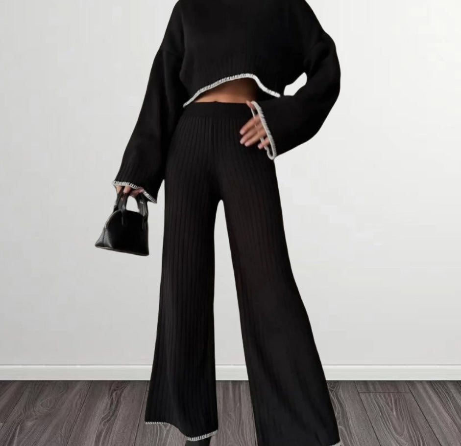 Damen elegantes Strickanzug mit weitem Bein und romantischen Ärmeln Heidi-Mode