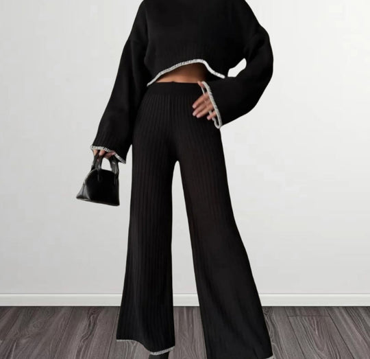 Damen elegantes Strickanzug mit weitem Bein und romantischen Ärmeln Heidi-Mode