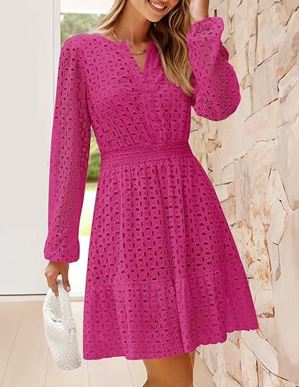 Damen luftiges Blusenkleid mit dekorativem Lochmuster und kräftigen Ärmel Heidi-Mode