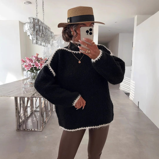 Damen modischer Pullover mit hohem Kragen und strukturiertem Strickdesign Heidi-Mode
