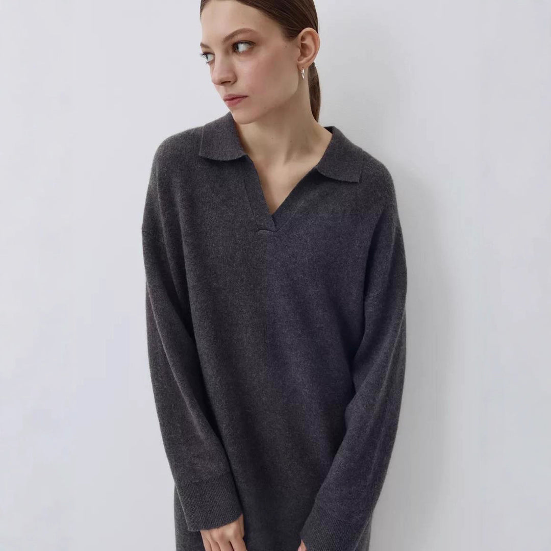 Damen Übergröße Strickkleid mit modernem Polokragen und langen Ärmeln Heidi-Mode