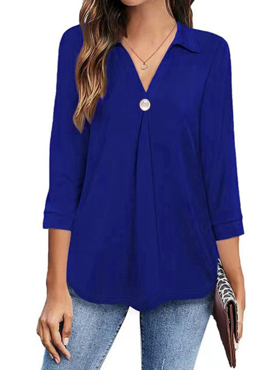 Damen Langarm Bluse mit elegantem V-Ausschnitt und dekorativen Falten Heidi-Mode