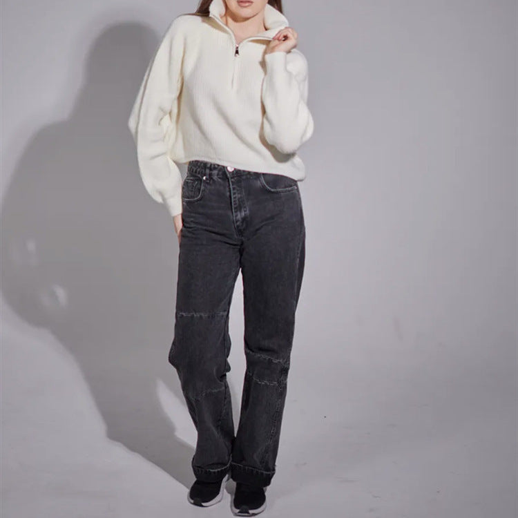 Damen Pullover mit hohem Kragen und Zip Heidi-Mode