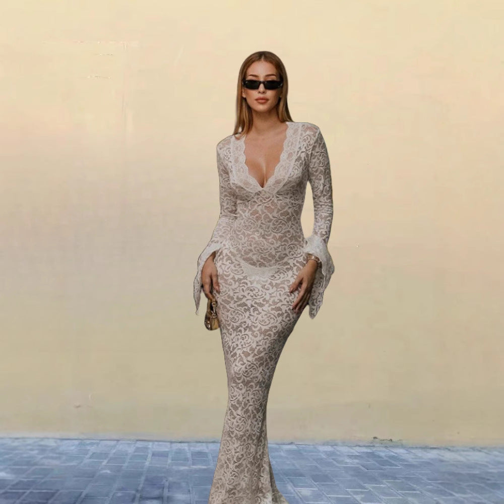 Damen Boho Maxikleid mit feinen Spitzenapplikationen Heidi-Mode