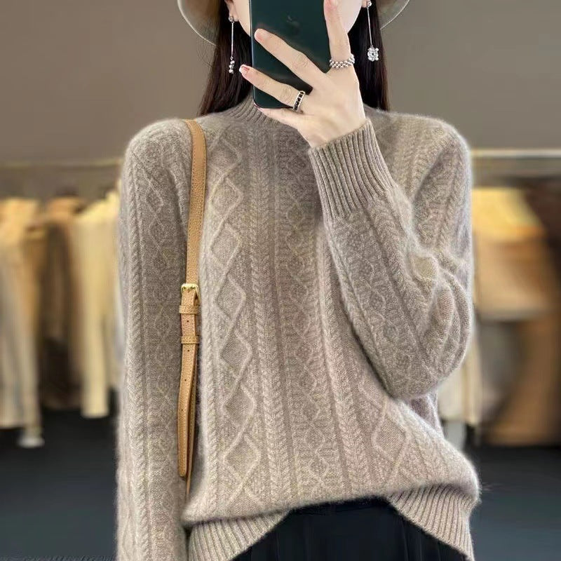 Damen Hochwertiger Strickpullover mit Stehkragen und Zopfdesign Heidi-Mode
