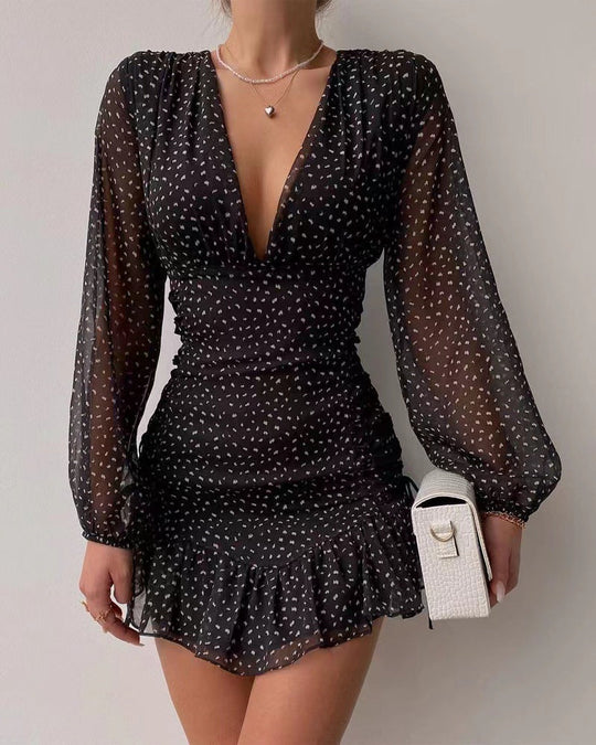 Heidi-Mode | Damen Figurbetontes Glockenärmel Mini Kleid mit V-Ausschnitt
