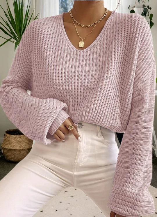 Damen V-Ausschnitt Strickpullover mit weiten Ärmeln Heidi-Mode