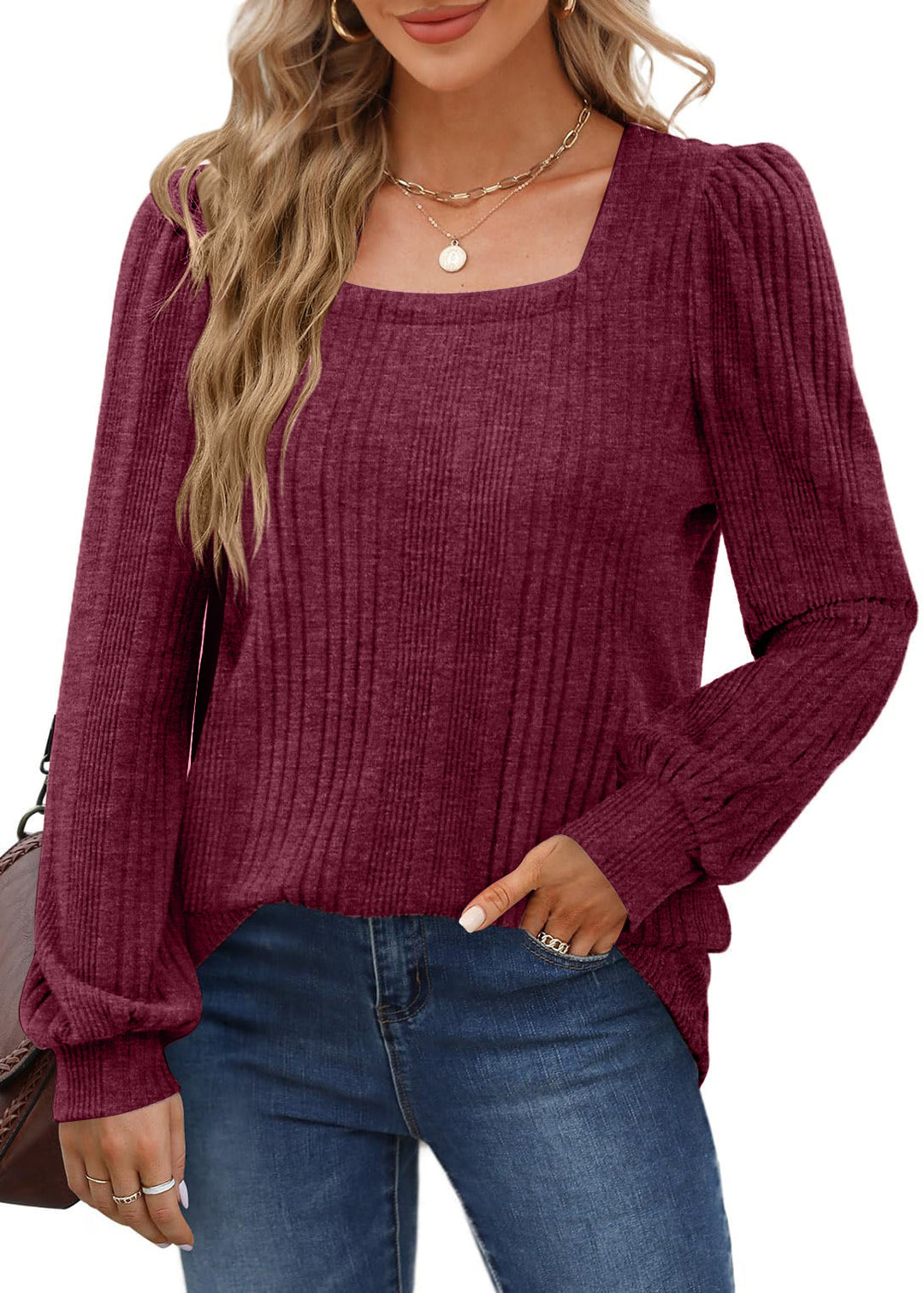 Damen Pullover mit Rippstruktur und Ballonärmeln Heidi-Mode