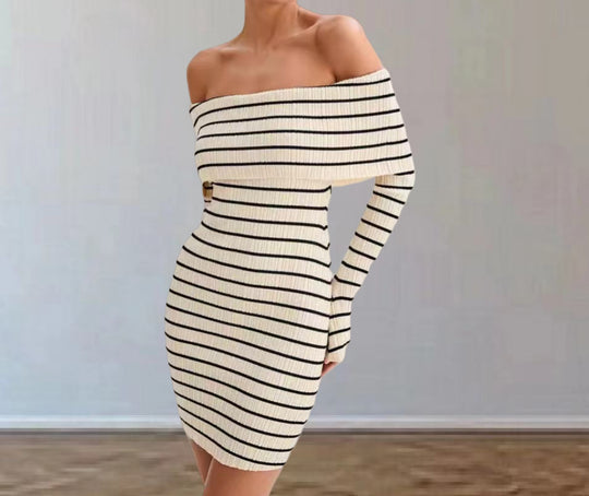 Damen Off-Shoulder Strickkleid mit langen Ärmeln und Streifenmuster Heidi-Mode