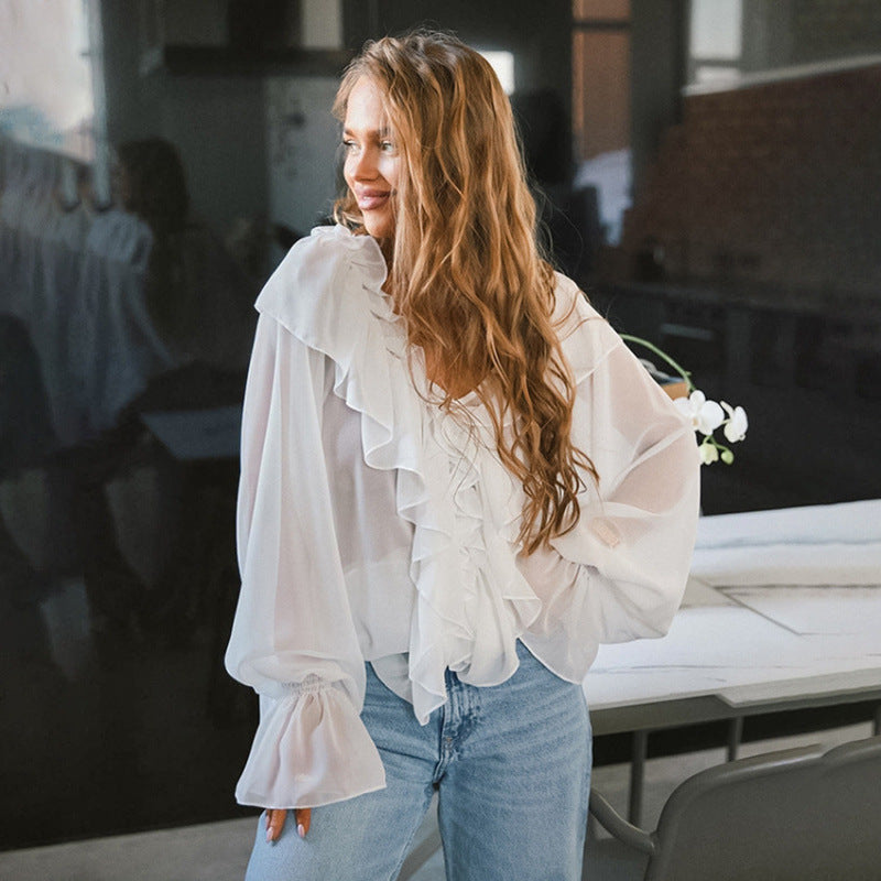 Damen Luftige Rüschenbluse aus Chiffon mit Oversize-Schnitten Heidi-Mode