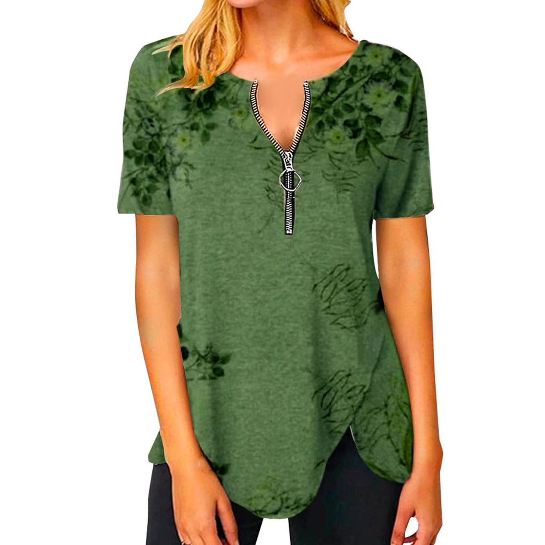 Damen T-Shirt mit halbgeschlossenem Reißverschluss und floralem Muster Heidi-Mode