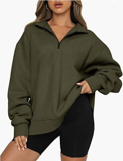 Damen modischer Oversized Pullover mit kurzem Reißverschluss und lässigen Ärmeln Heidi-Mode