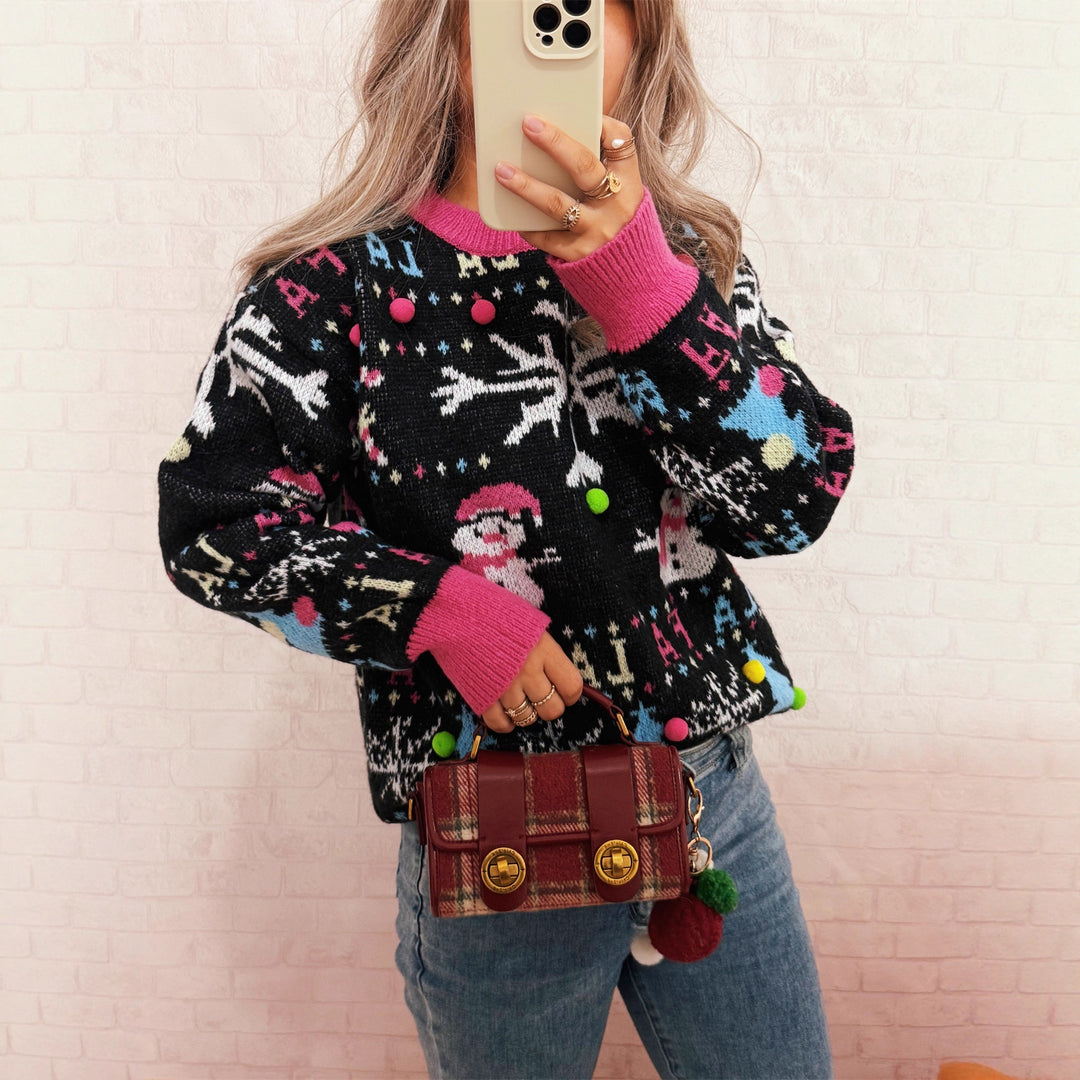 Damen festlicher Pullover mit farbenfrohen Weihnachtsmotiven und verspielten Details Heidi-Mode