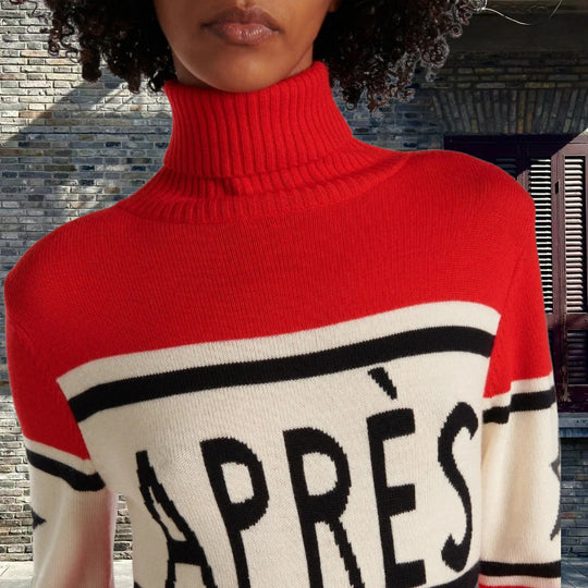 Damen Modischer Strickpullover mit hohem Kragen und auffälligem Schriftzug Heidi-Mode