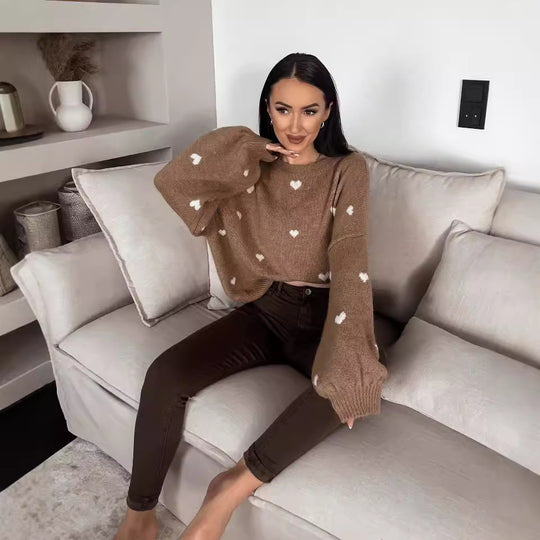 Damen lässiger Strickpullover mit herzförmigen Mustern und angeschnittenen Ärmeln Heidi-Mode
