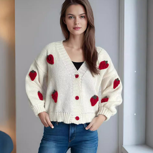 Damen Strickjacke mit verspielten Obstapplikationen Heidi-Mode