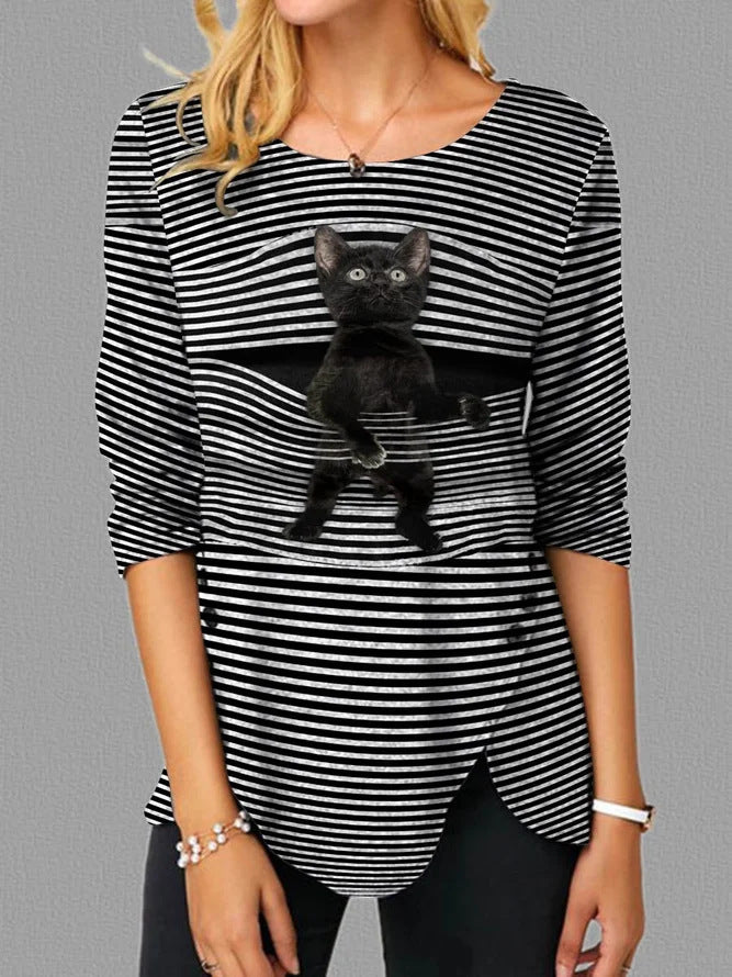 Damen lässige T-Shirt mit Katzenmotiv Heidi-Mode