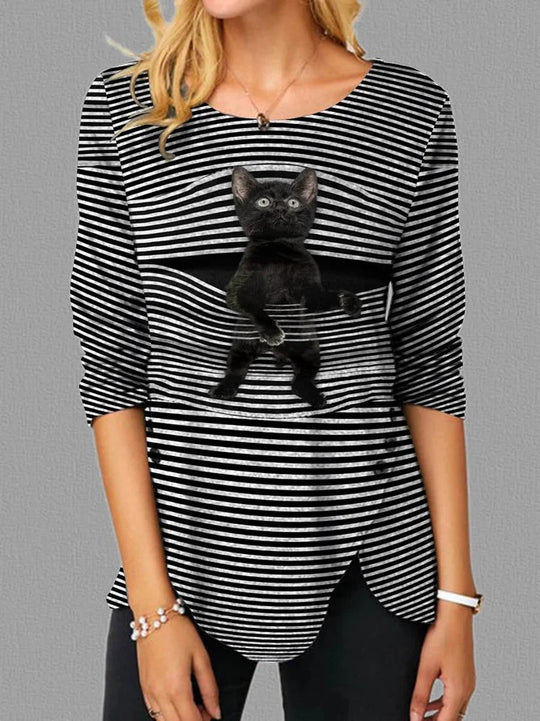 Damen lässige T-Shirt mit Katzenmotiv Heidi-Mode