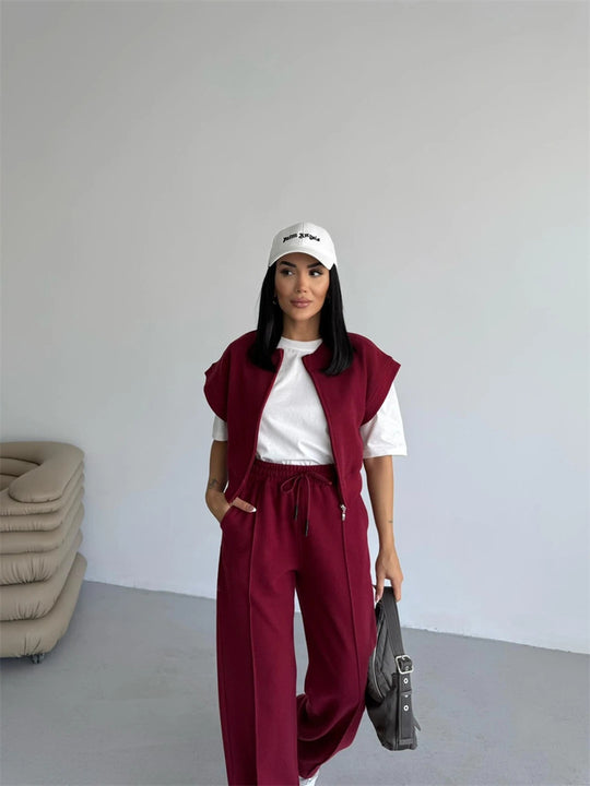 Damen sportliches Twin-Set mit kurzem Reißverschluss und weiten Hosen Heidi-Mode