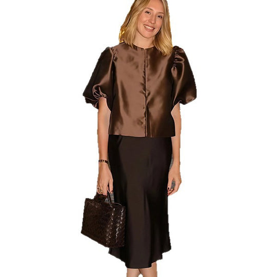 Damen Elegantes Midikleid mit strukturiertem Oberteil und voluminösen Ärmeln Heidi-Mode