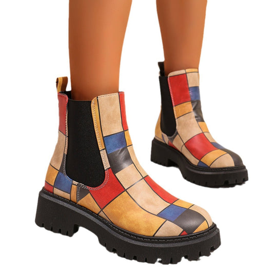 Damen Chelsea-Stiefel mit kreativem Musterdruck und rutschfester Sohle Heidi-Mode